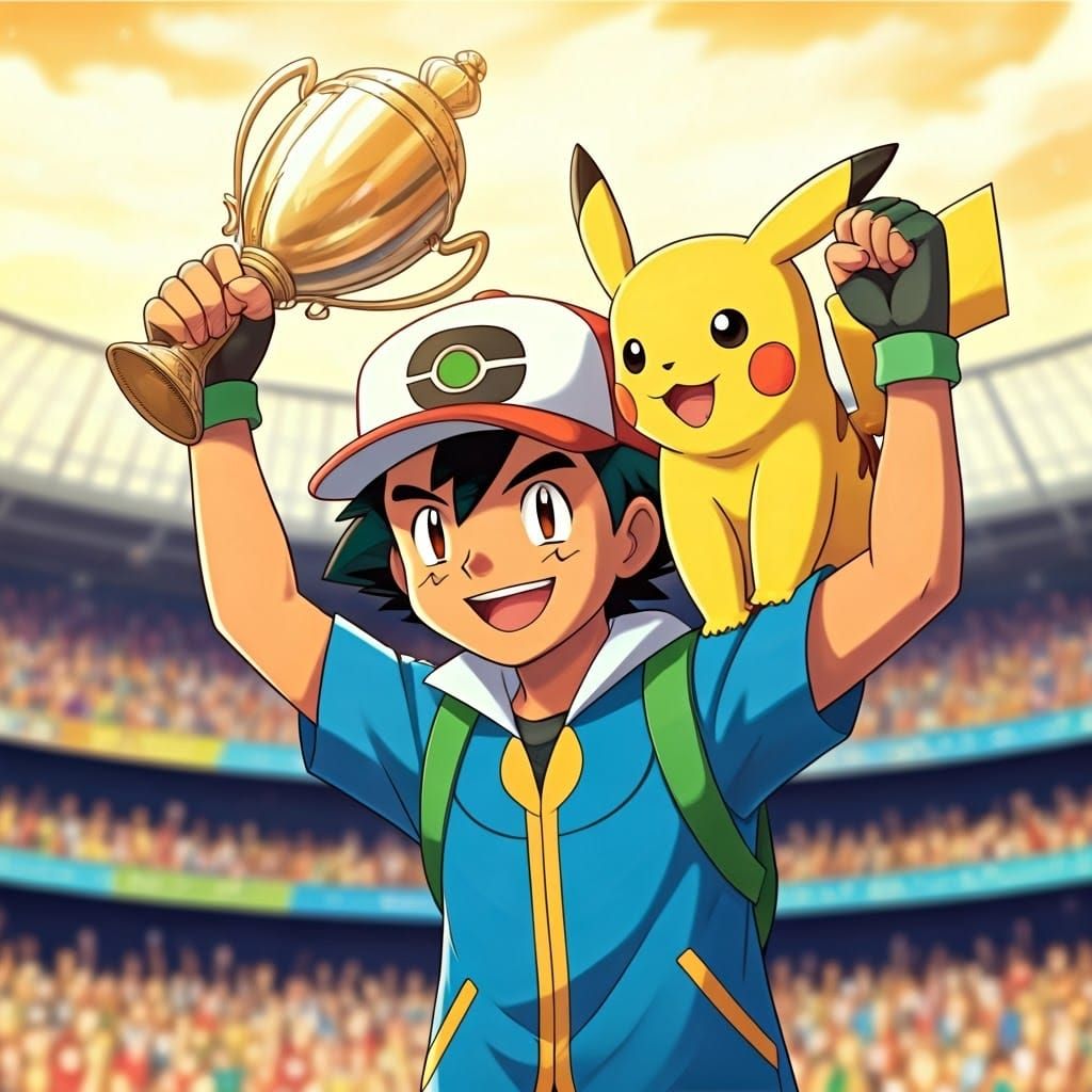 Victorious Ash Ketchum Triumphs with Pikachu in Orange Leagu...