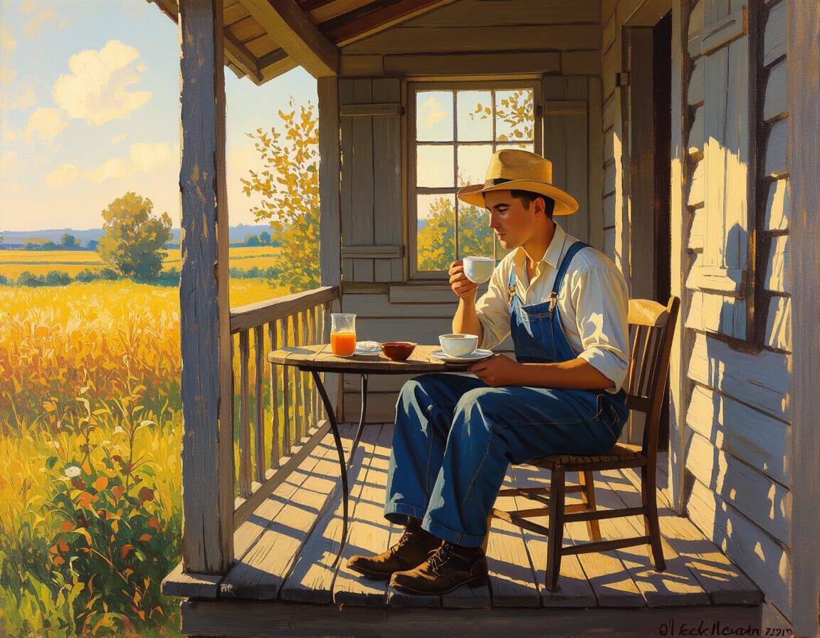 Breakfast on the Veranda: Impressionist Farm Scene