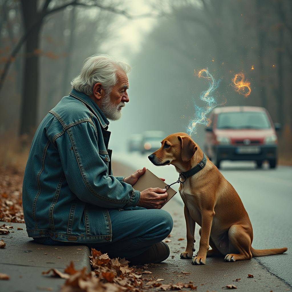 Elderly Man and Dog Blessed by Ethereal Aura