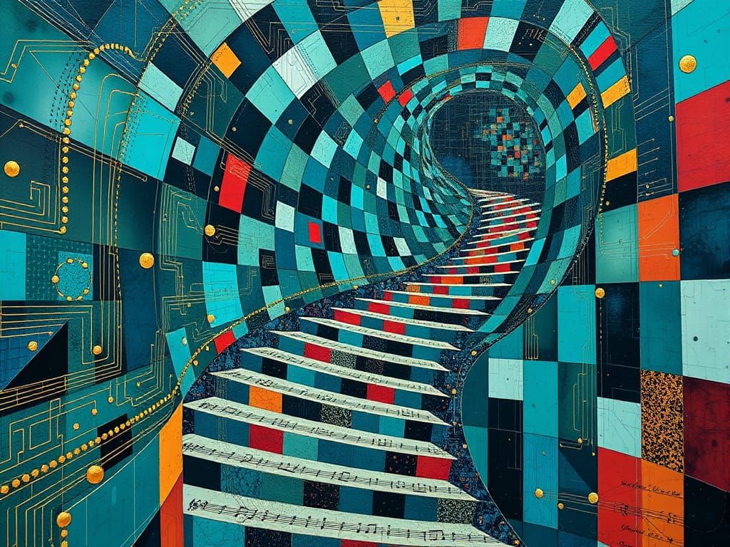 Cosmic Steampunk Abstraction in Vibrant Geometric Hues