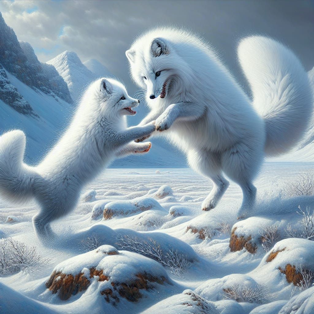 Arctic Foxes Play in Snowy Landscape Oil Painting