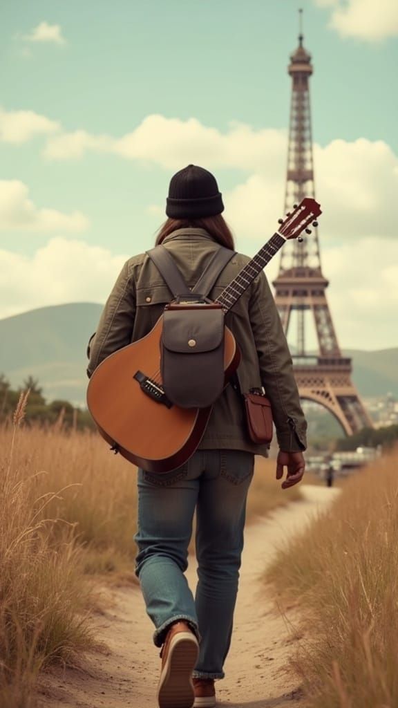 Hyperrealistic Guitarist Walks Past Eiffel Tower