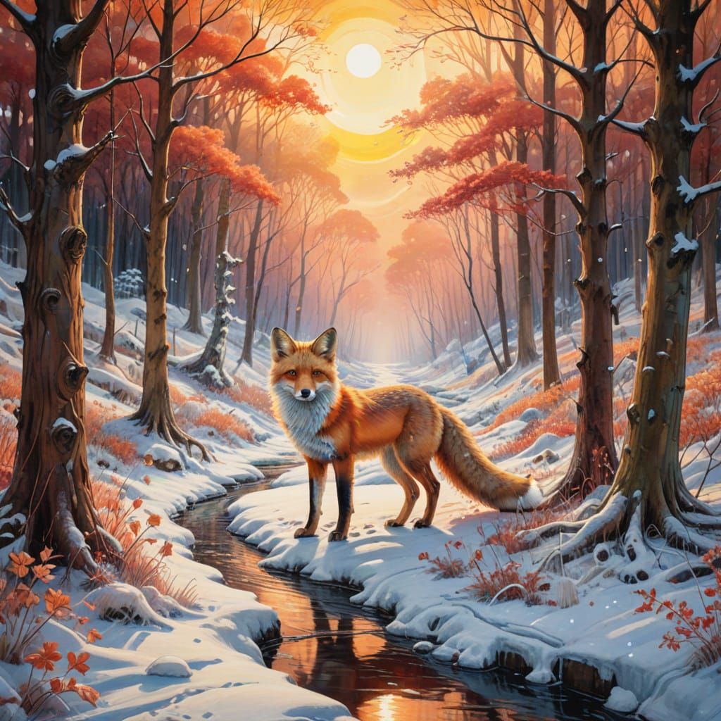 Winter Fox on Snowy Red Tree Forest Path at Sunset, in Water...