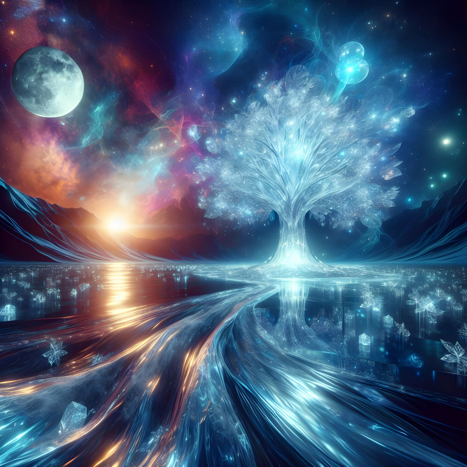 Crystal Tree Reflects Moonlight in Flowing River