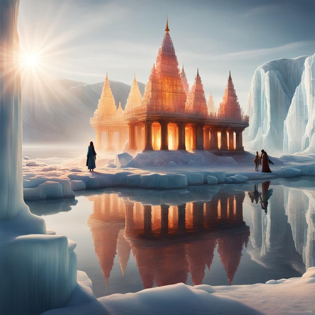 Arctic Ice Temple with Sun Rays and Figures
