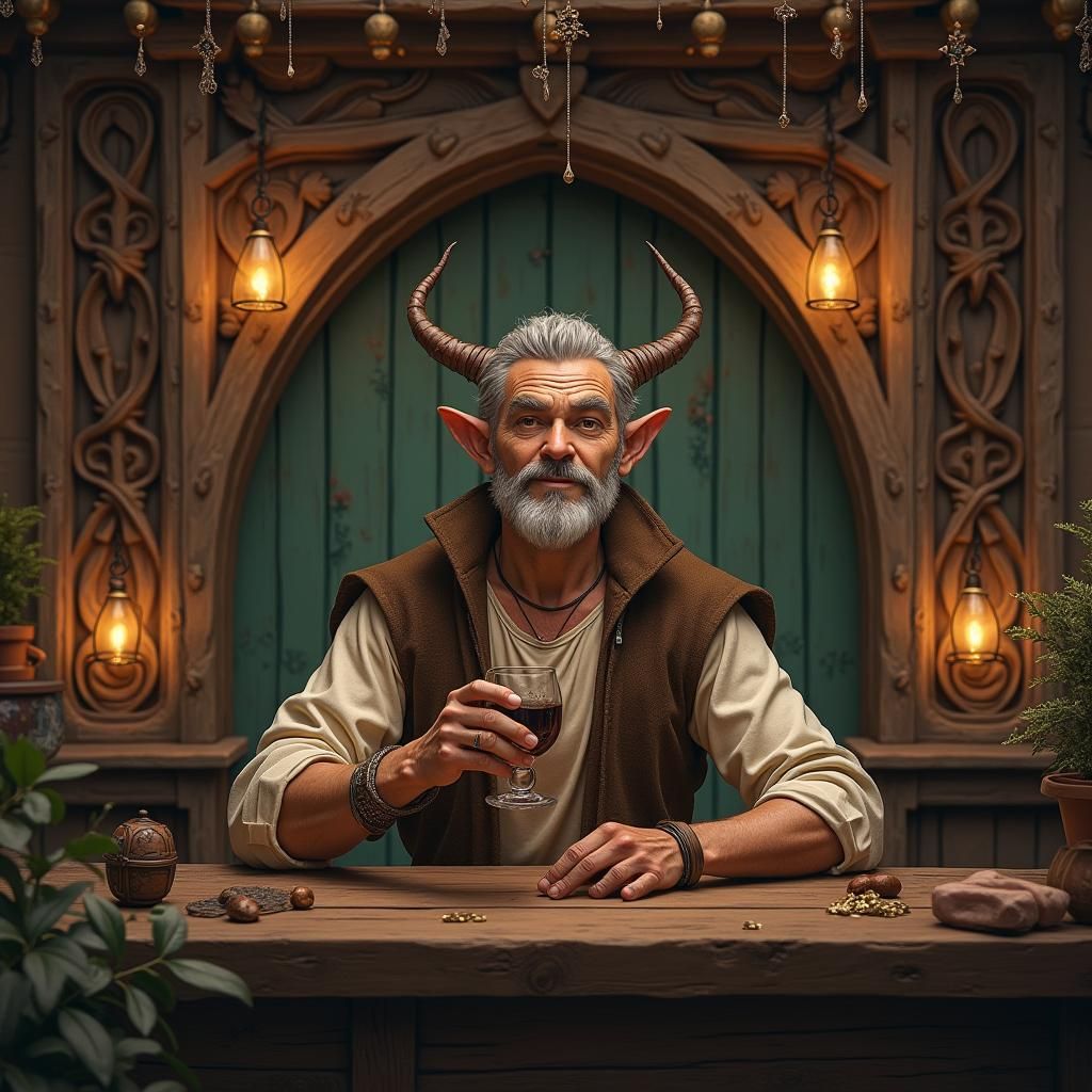 Half-Elf Tavern Keeper in Fantasy Tavern, Digital Art