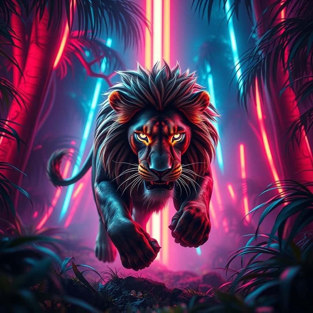 Epic Neon Lion in a Vibrant Cyberpunk Jungle