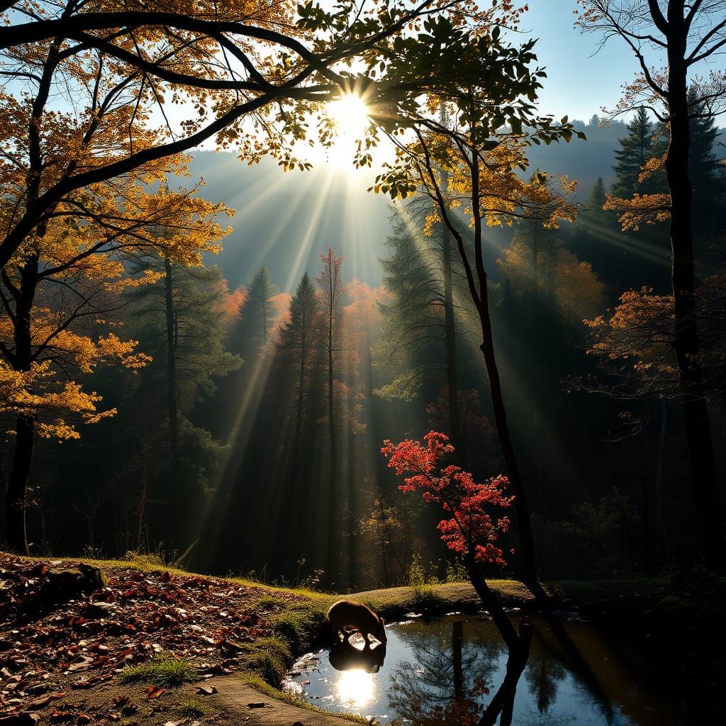 Rabbit Drinking in Autumn Forest God Rays