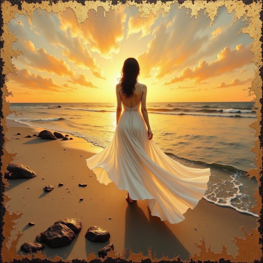 Sunset Beach Stroll: Golden Light, Mystical Landscape