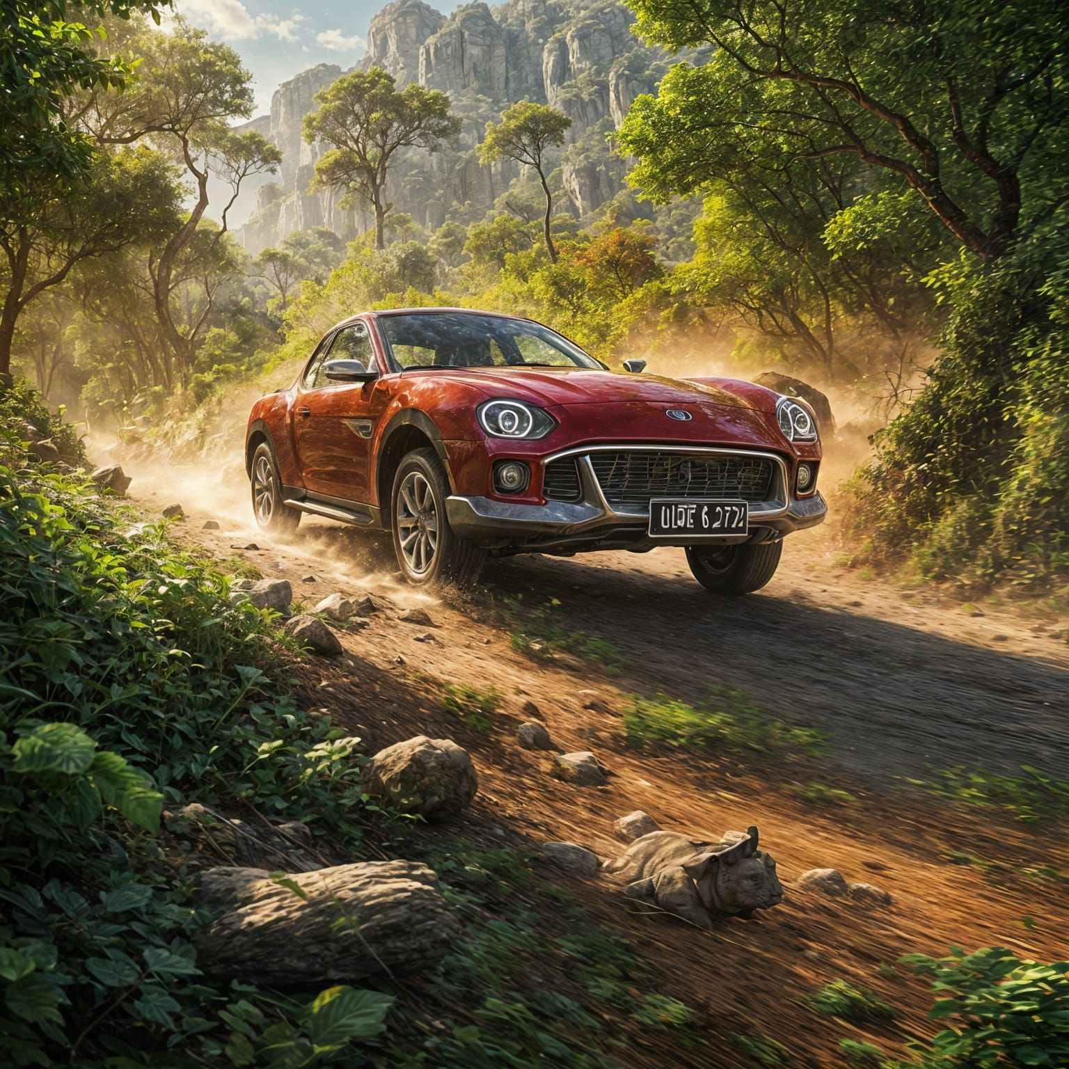 Wind Rhino Chases Car Through Green Valley