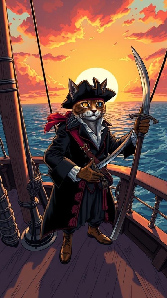 Pirate Cat Captain on Caribbean Ship, Comic Book Art