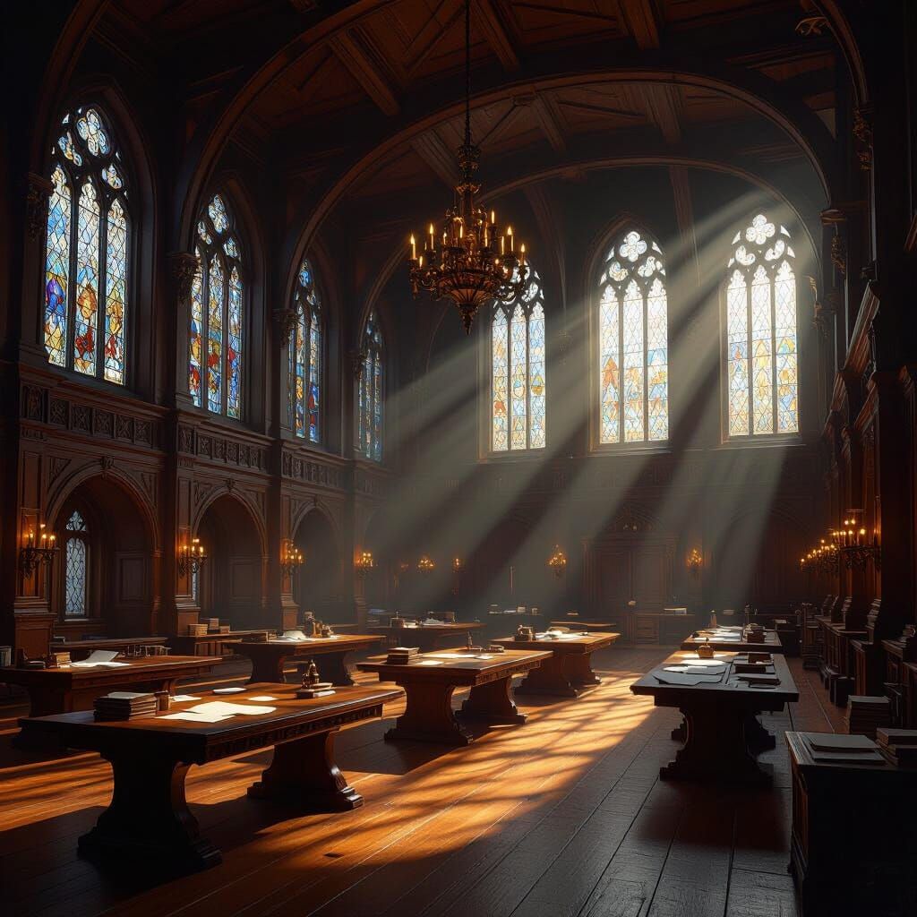 Expansive Guild Hall with Ornate Windows and Ambient Light
