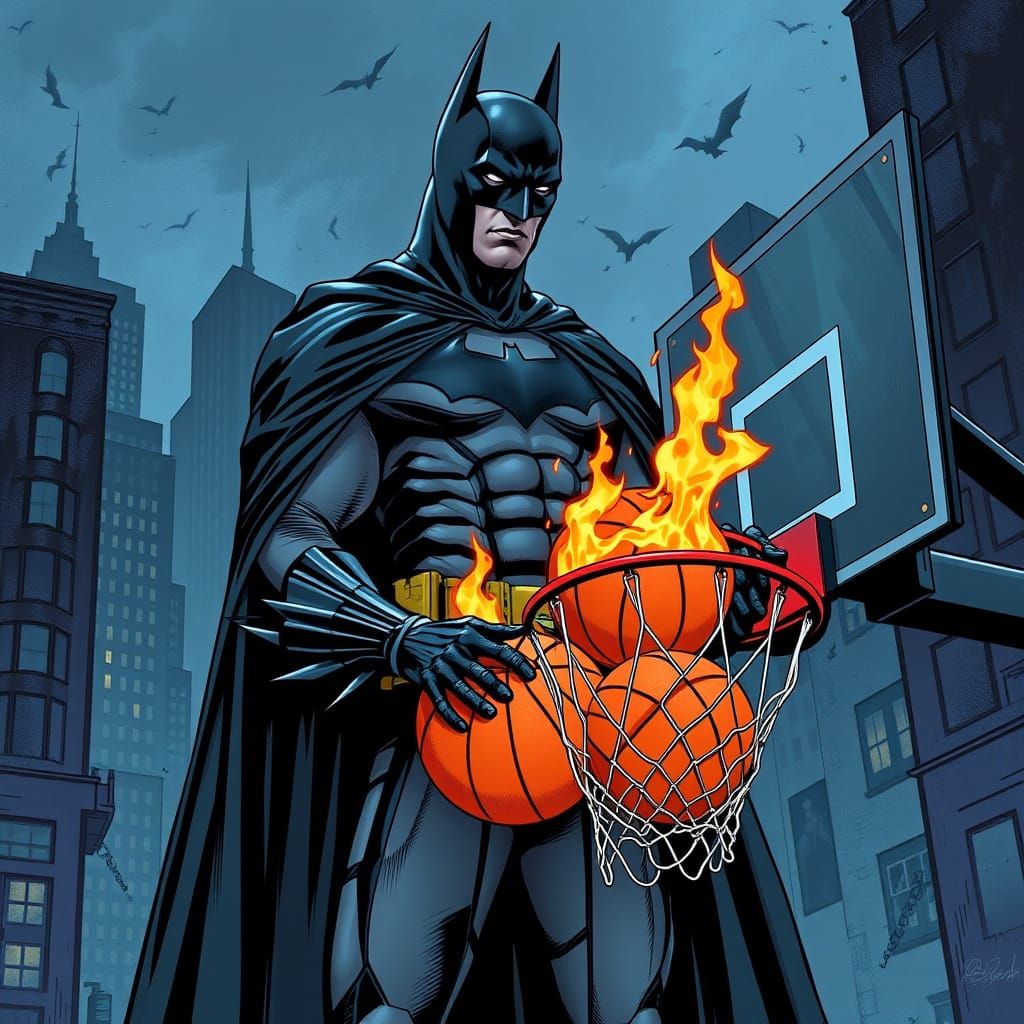 Batman Buys Flaming Basketballs in Gotham, Dynamic Art