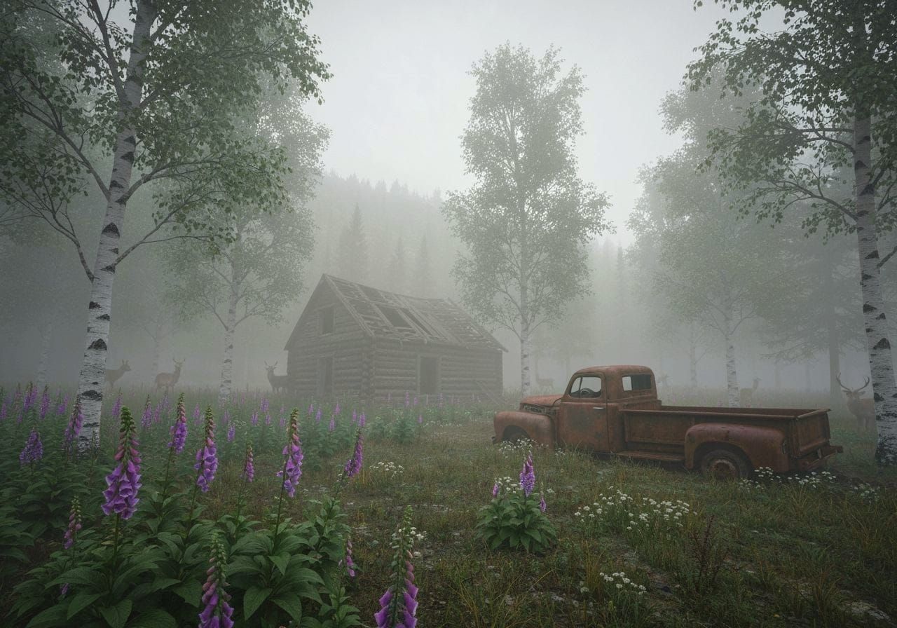 Foggy Forest with Abandoned Cabin and Truck
