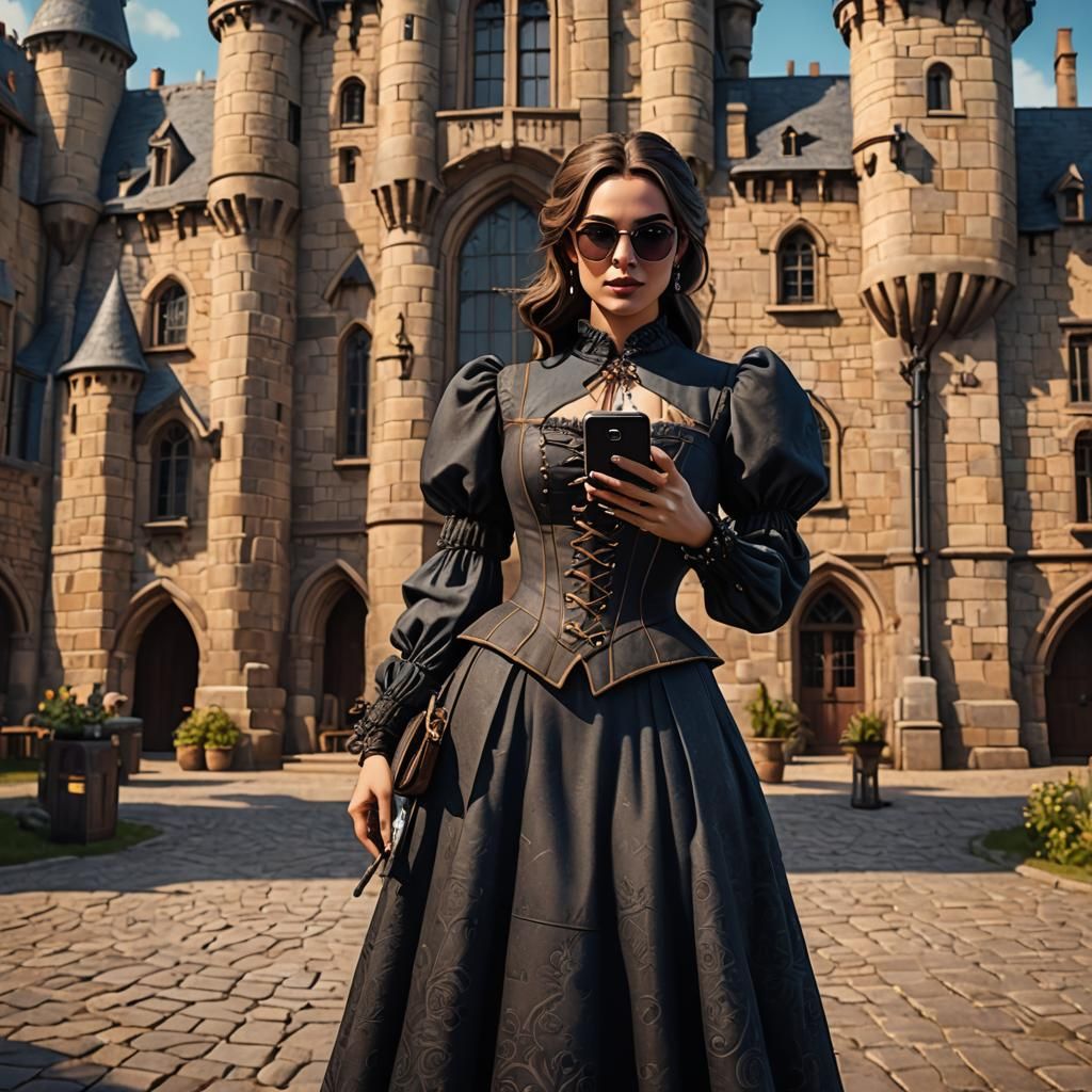 Modern Medieval Woman with iPhone, Digital Art