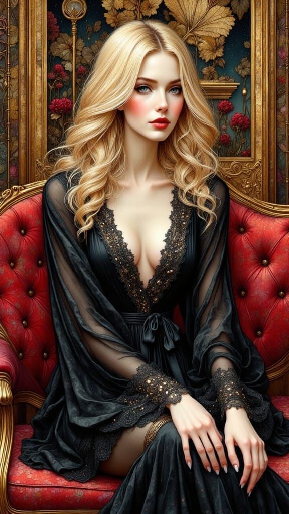 Elegant Woman in Black Robe, Art Nouveau Style