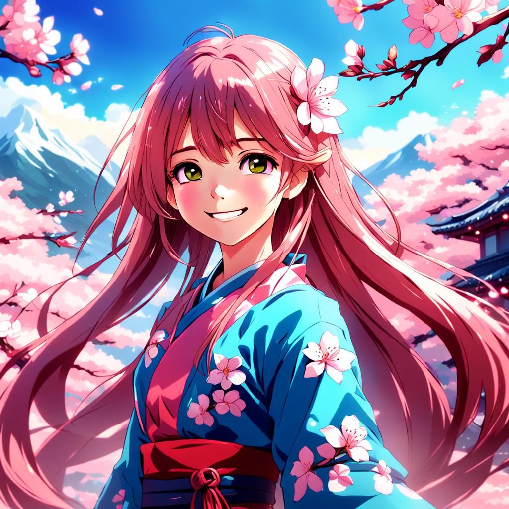 Sakura Portrait of Beautiful Woman in Anime Style