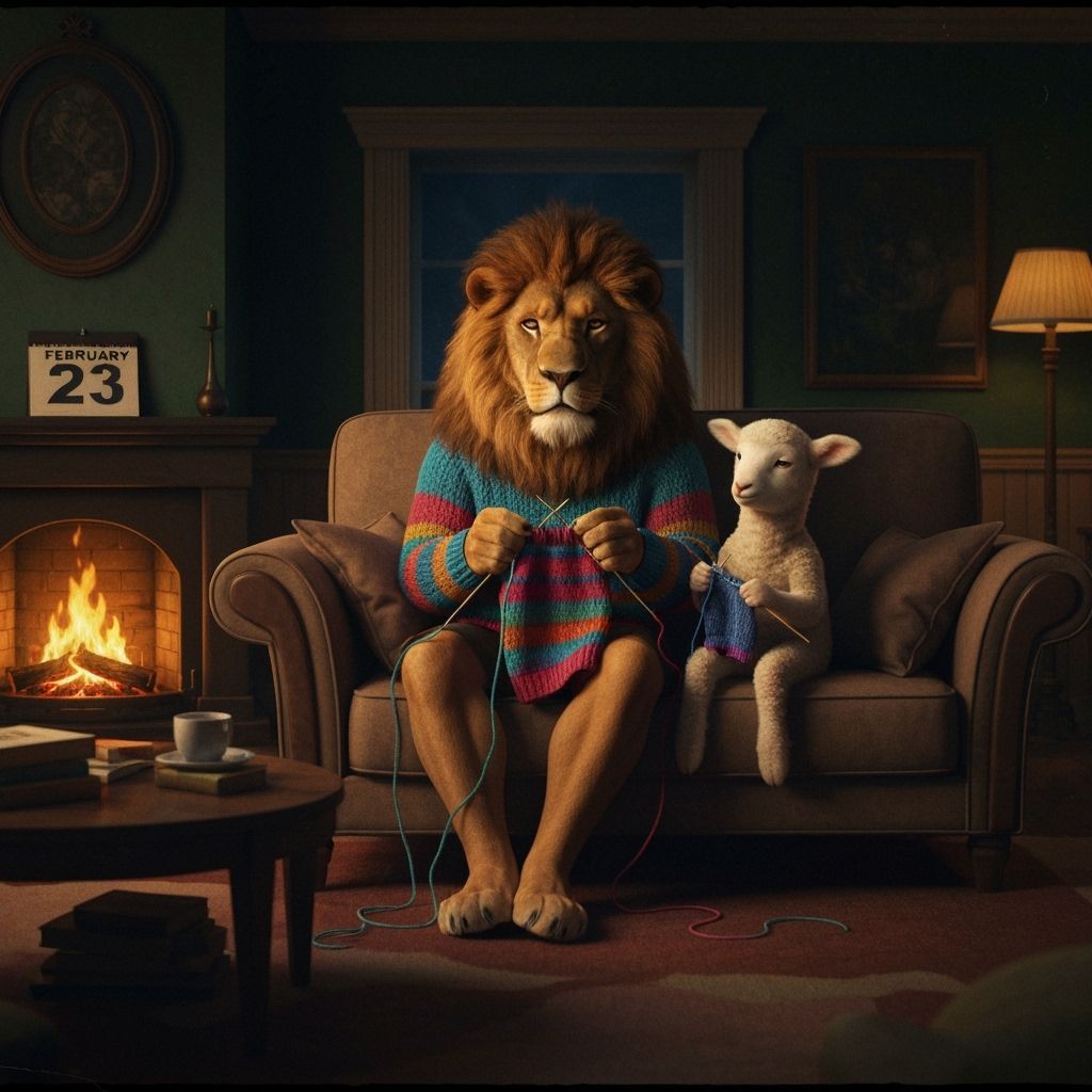 Lion and Lamb Knit Sweaters by Fireplace