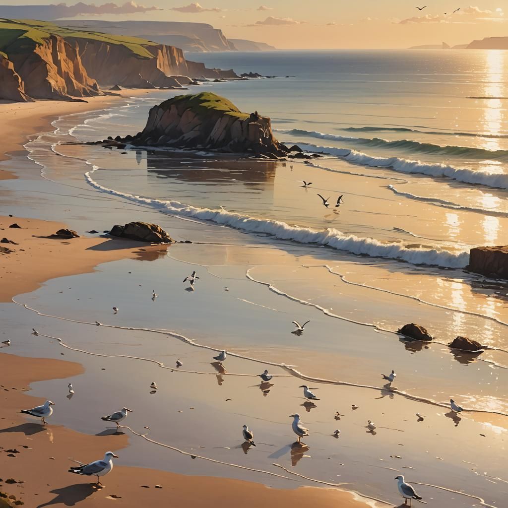 Tranquil Coastline Scene with Golden Sunlight