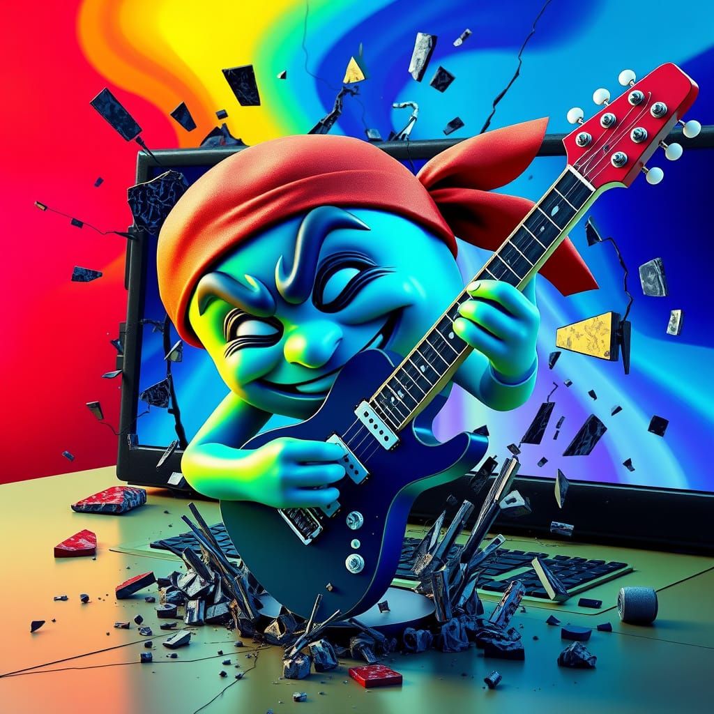 Electric Blue Emoji Erupts from Shattered Screen in Surreali...