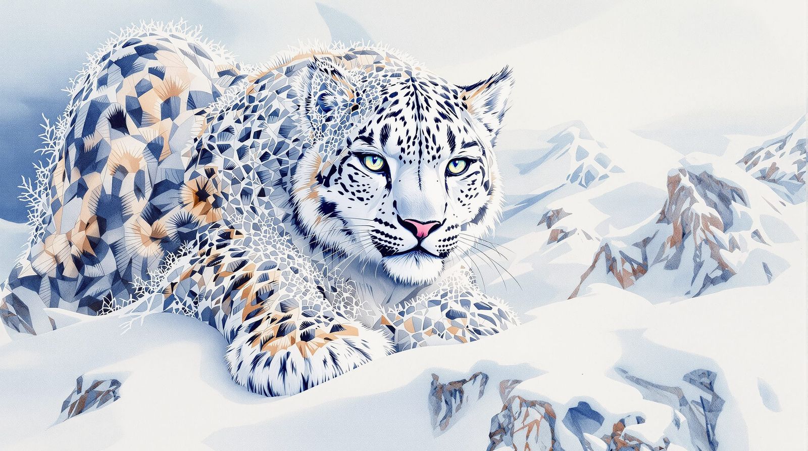 Magnificent Snow Leopard in Swiss Alps Watercolor