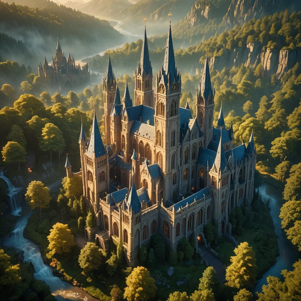 Mystical School of Magic in Lush Forest, Fantasy Art