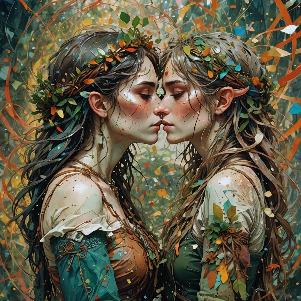 Elf Archer Girl's Kiss with Confetti, Graphic Novel Art