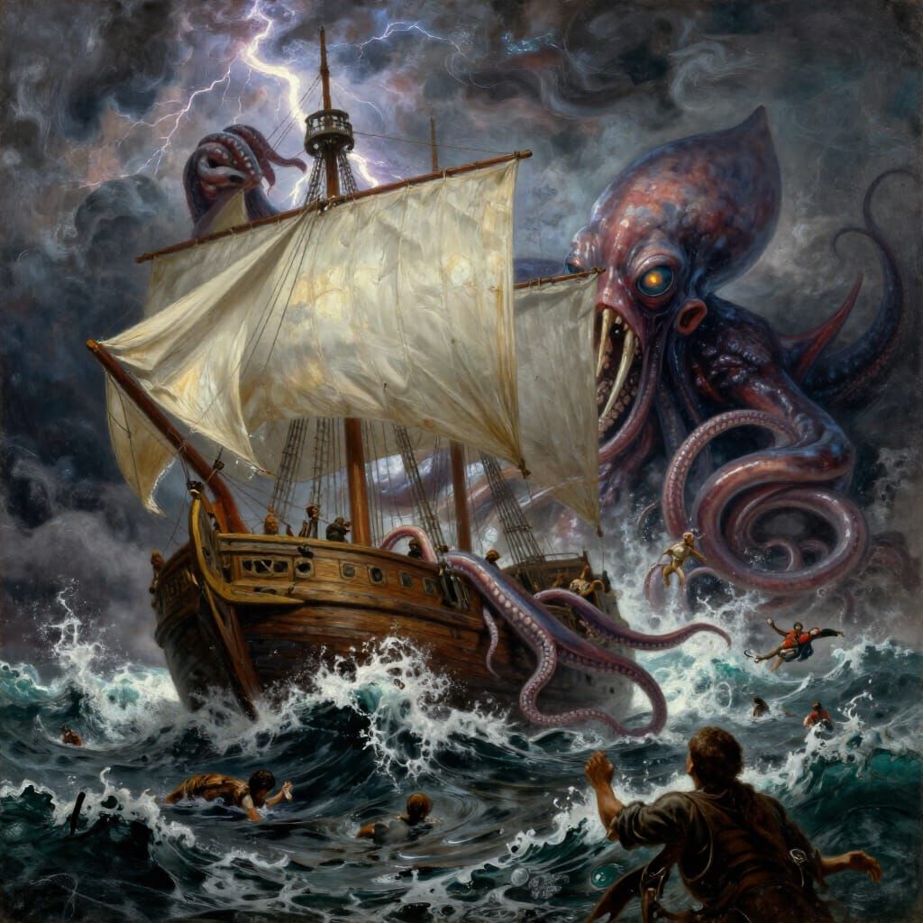 Epic Oil Painting of Kraken Attacking Ship in Storm
