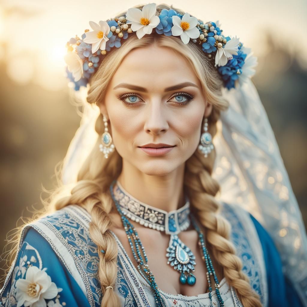 Slavic Woman Portrait with Flower Wreath in Soft Light