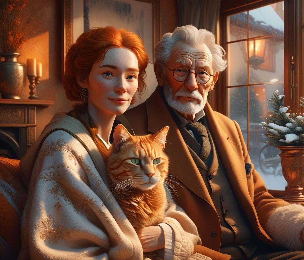 Cozy Winter Portrait of Couple with Cat