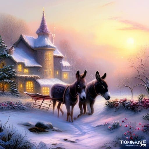 Donkeys Pulling Sleigh in Snowy Fantasy Scene