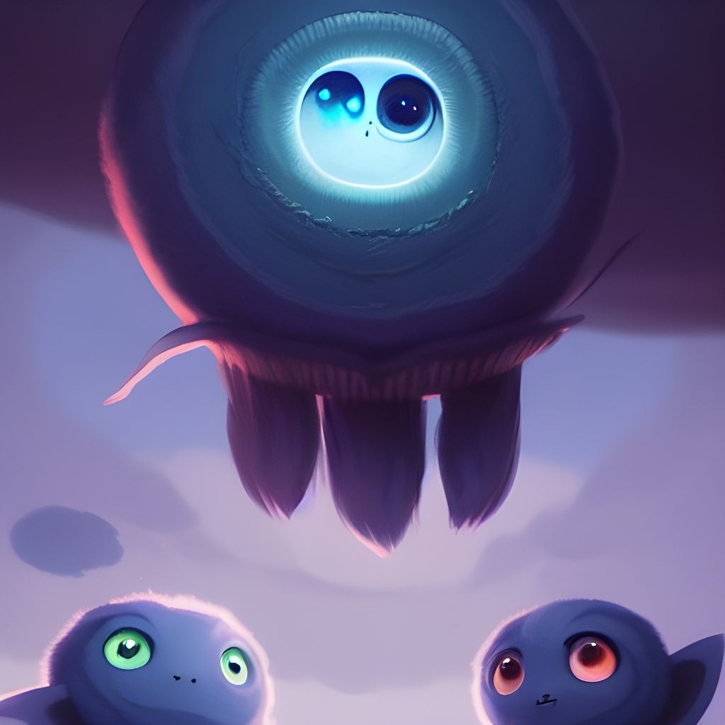 Cute Indigo Monsters with Big Eyes, Hyperdetailed Art