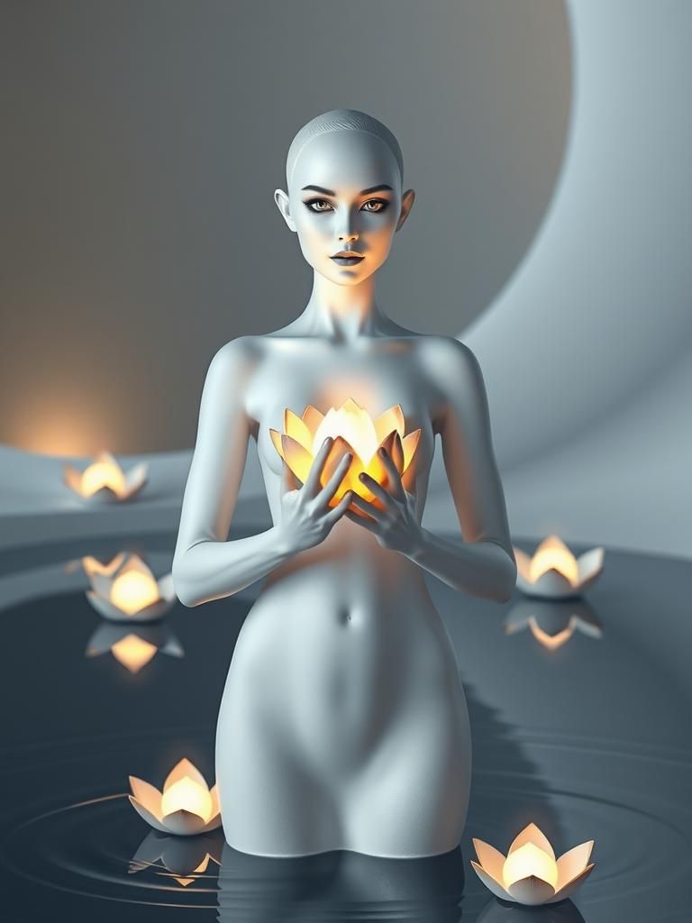 Meditative Stone Figure with Illuminated Lotus Flower