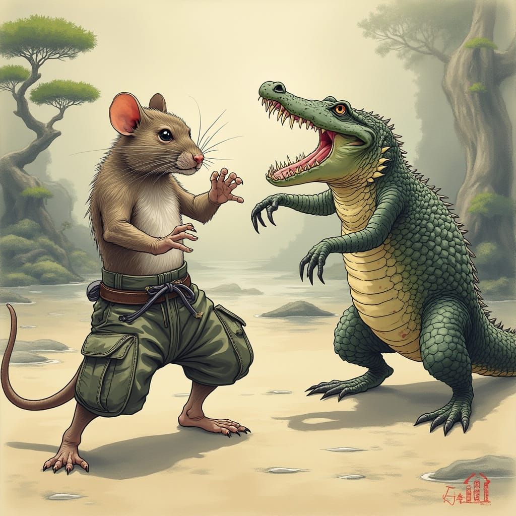Martial Arts Rat Defies Alligator in Ukiyo-e Style