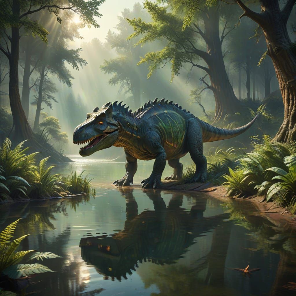 Dinosaur Drinking in Prehistoric Forest in Digital Painting ...