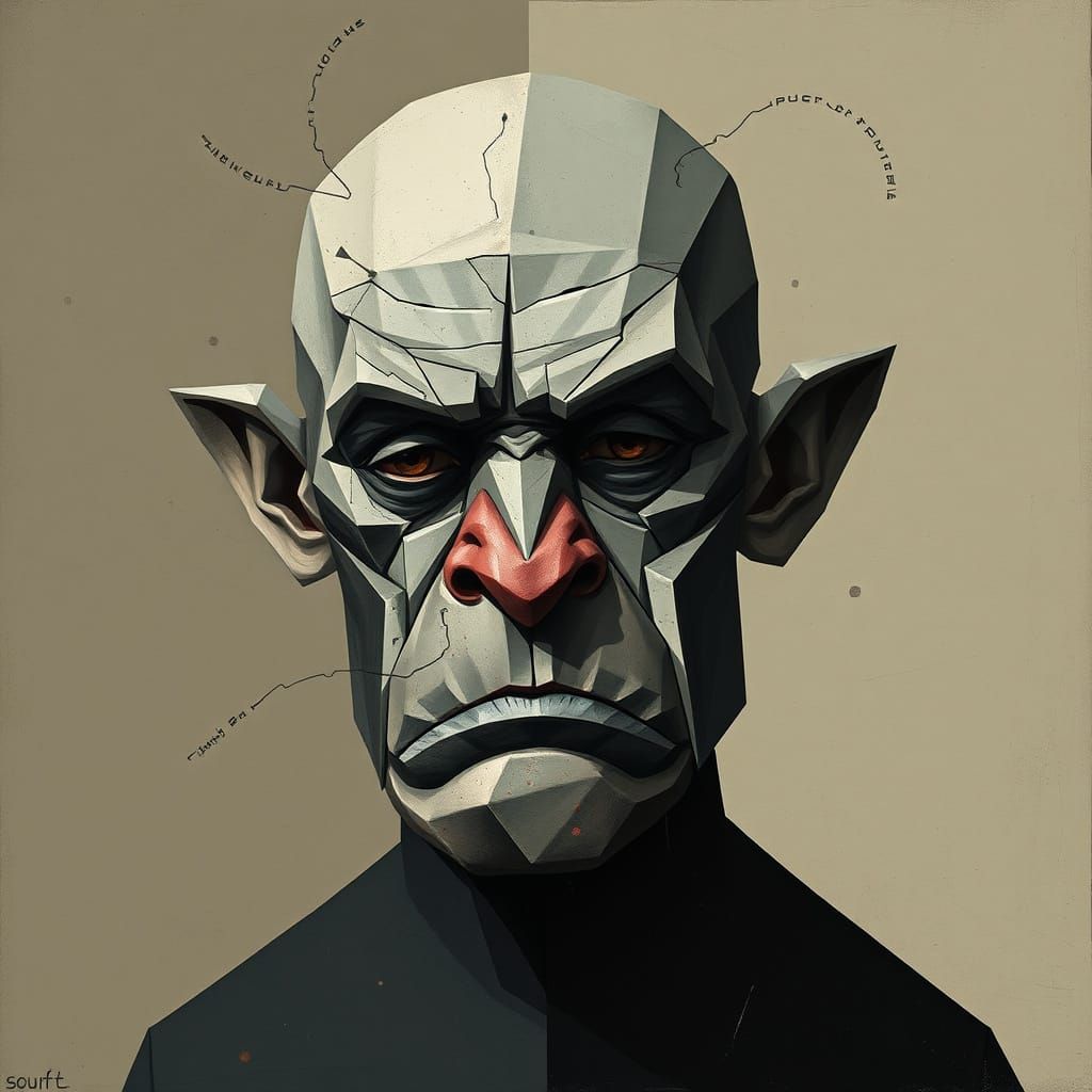 Cubist Ogre Crying Famine in Cold Tones