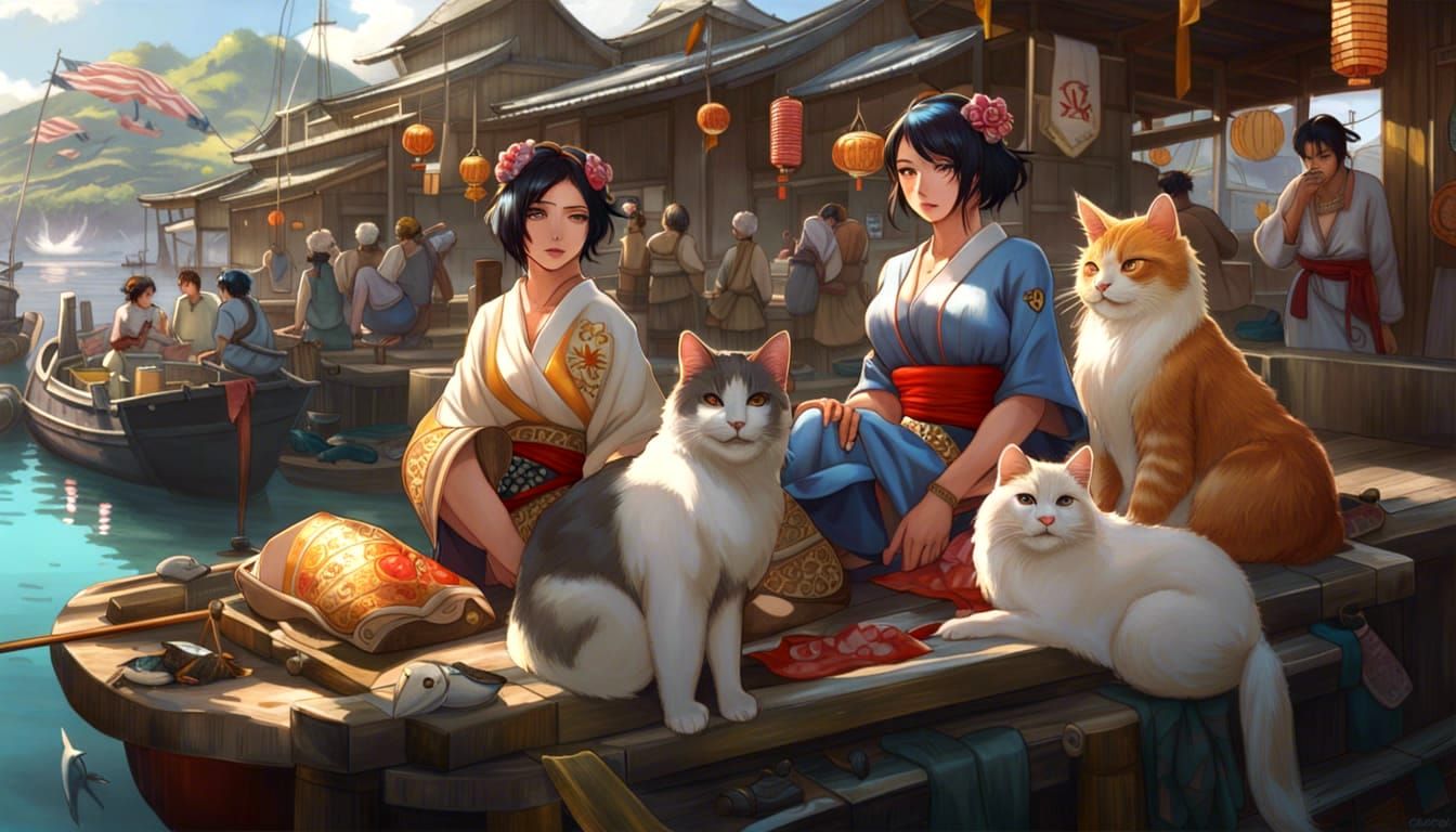 Aoshima Japan. Cat Island and 2 geisha girls enjoy feline company