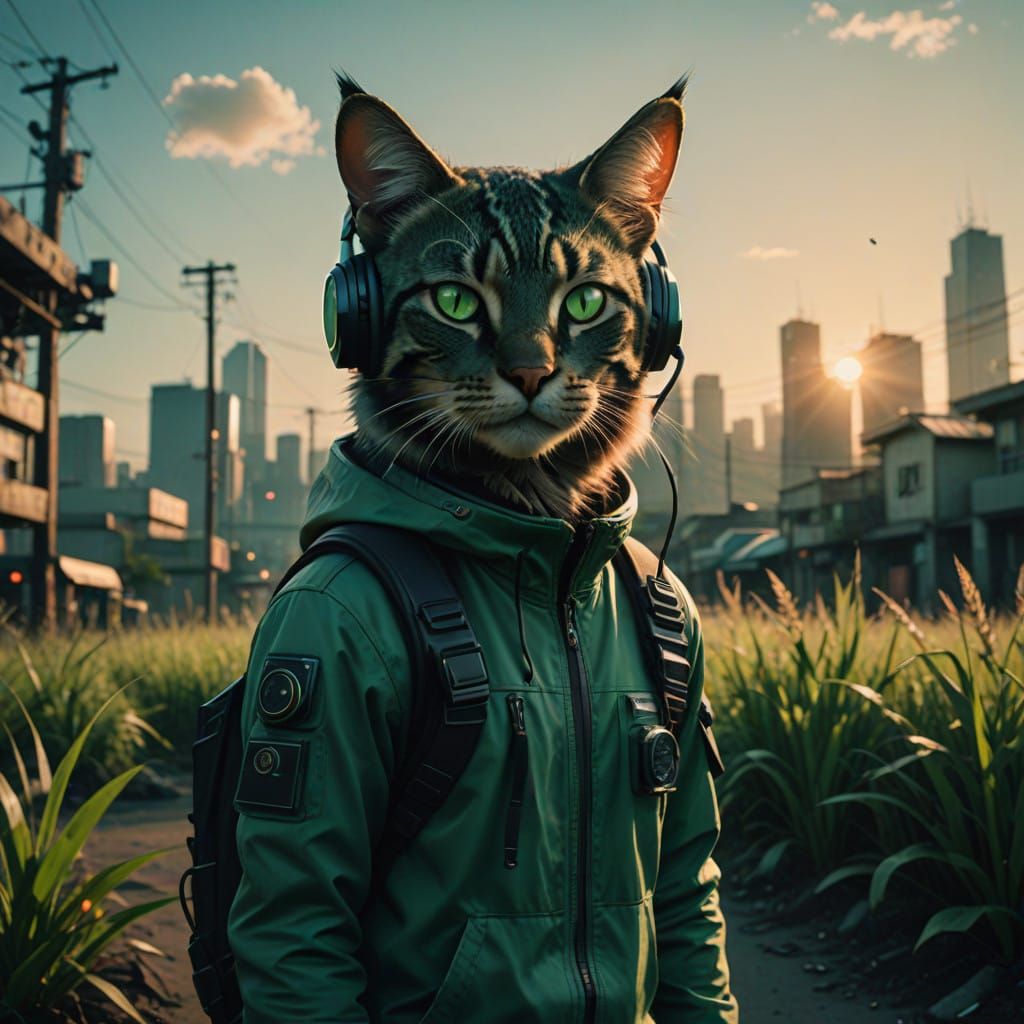 Cyberpunk Feline Cyborg in Neon Cityscape