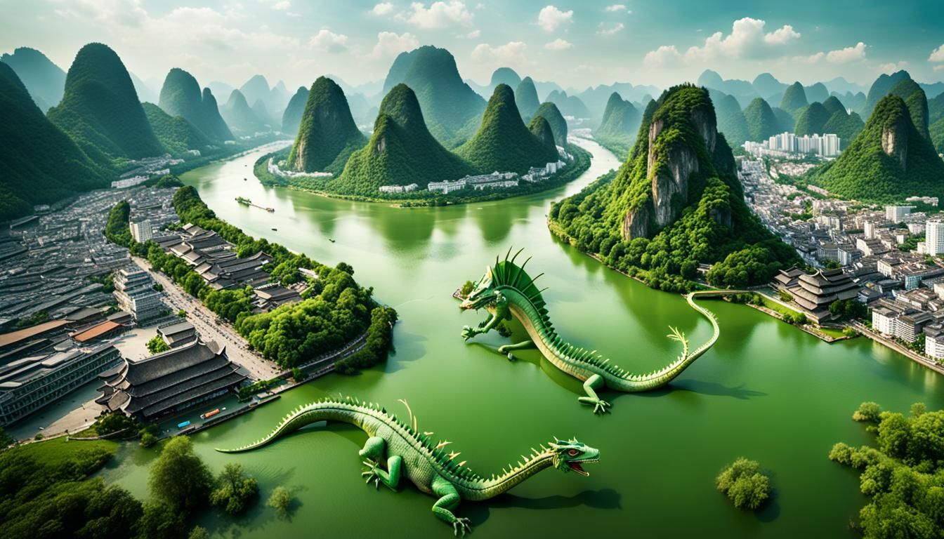 Chinese Water Dragon Swims Guilin River: Aerial View