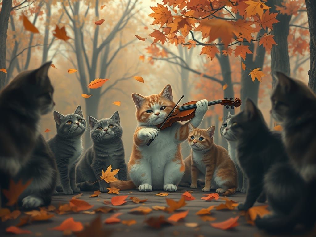 Melancholic Cats Play Violin in Autumn Park
