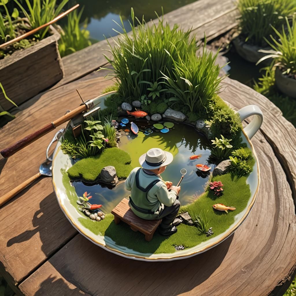 Miniature Fisherman in Teacup: A Photorealistic Scene