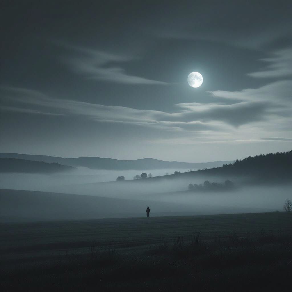 Eerie Foggy Landscape with Faint Moon and Soft Shadows