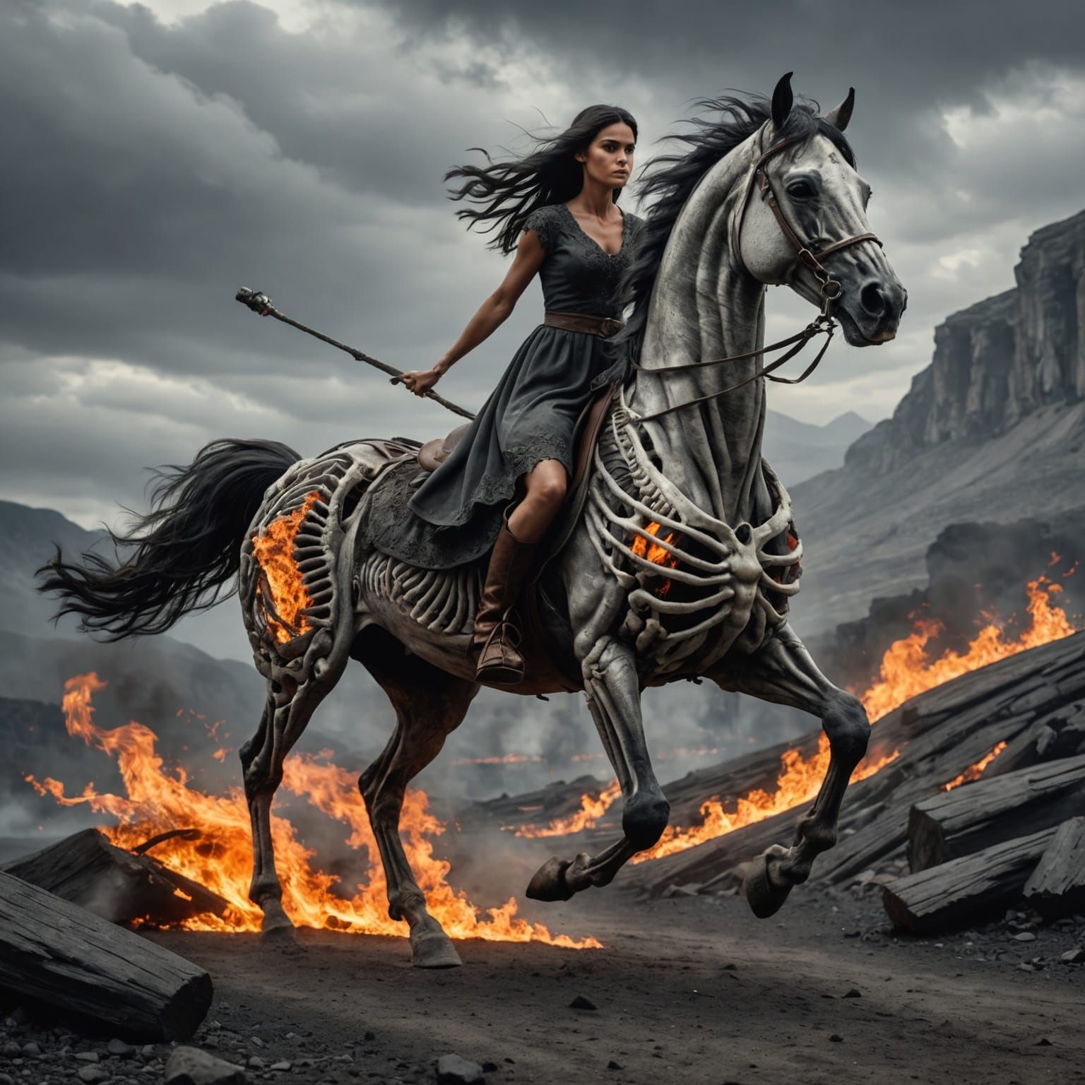 Magma Skeleton Horse and Girl in a Flowing Dress