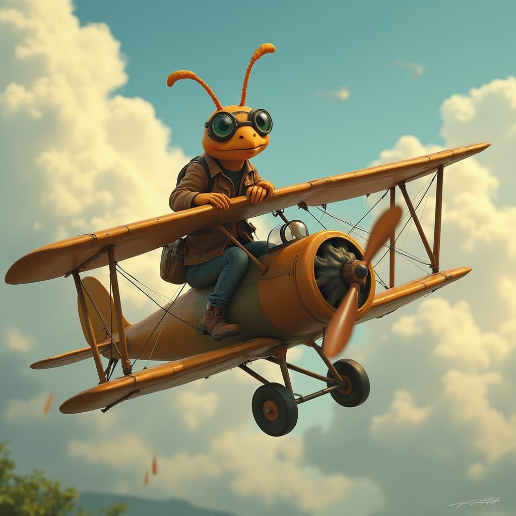Ant-like Pilot Flies Biplane in Dreamlike Scene