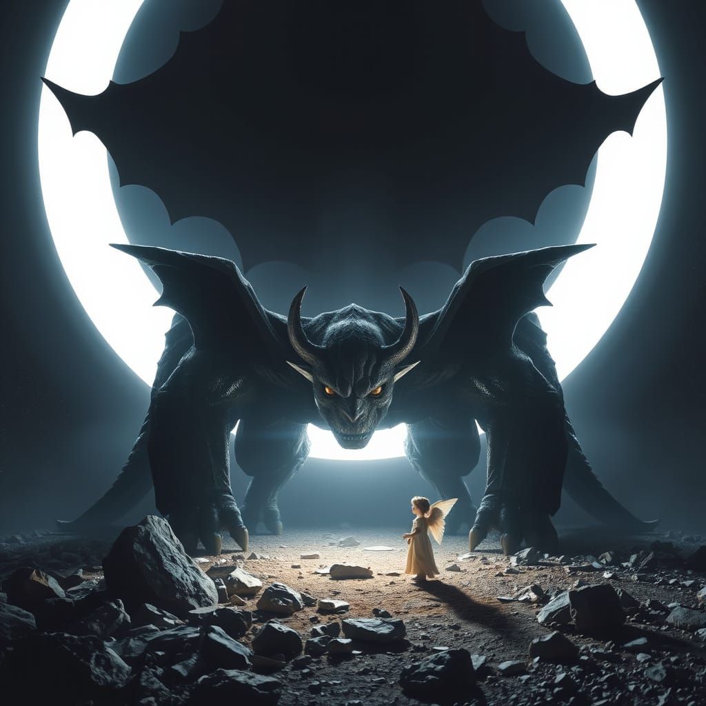 little angelic facing a giant creature