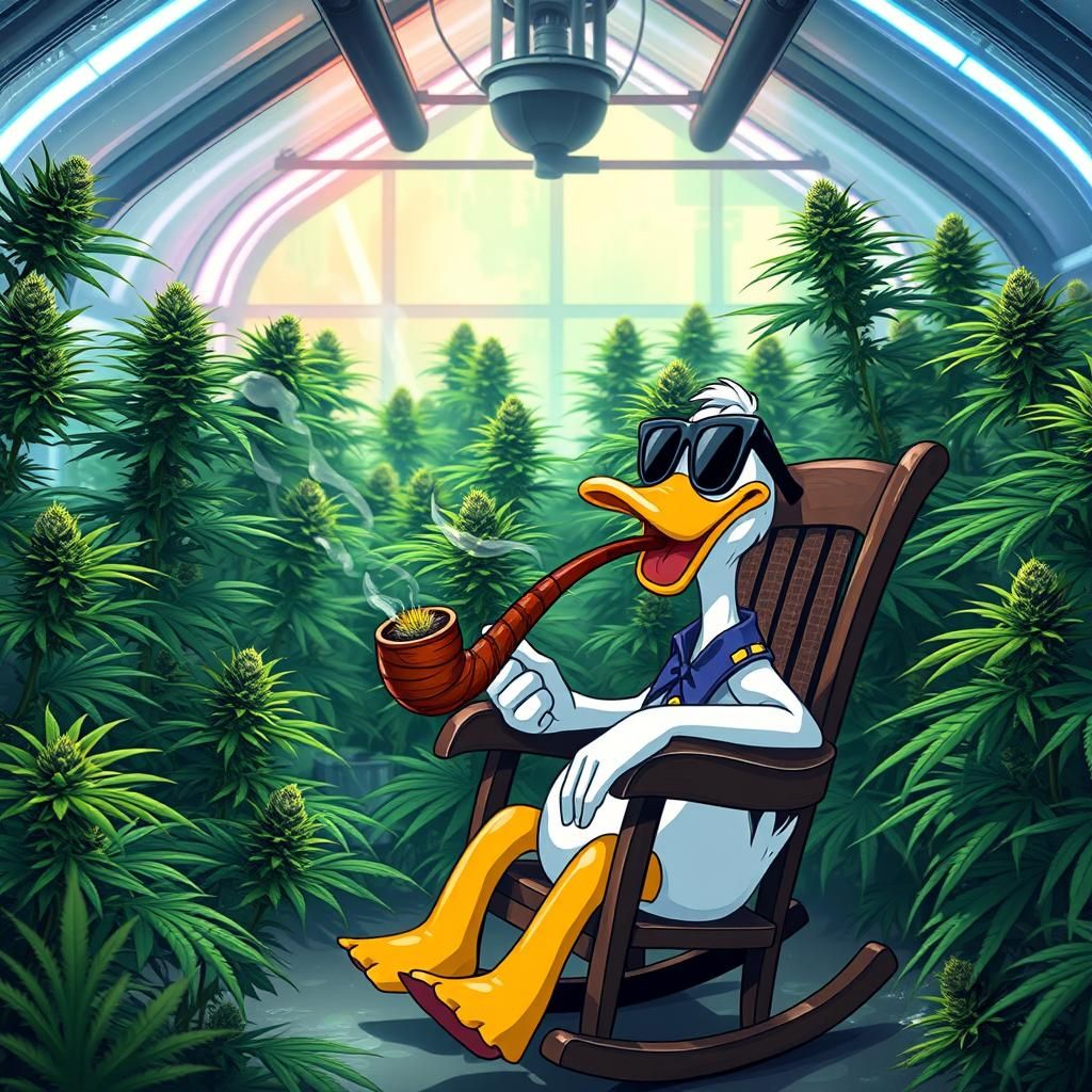 Donald Duck's Cannabis Greenhouse in Whimsical Style