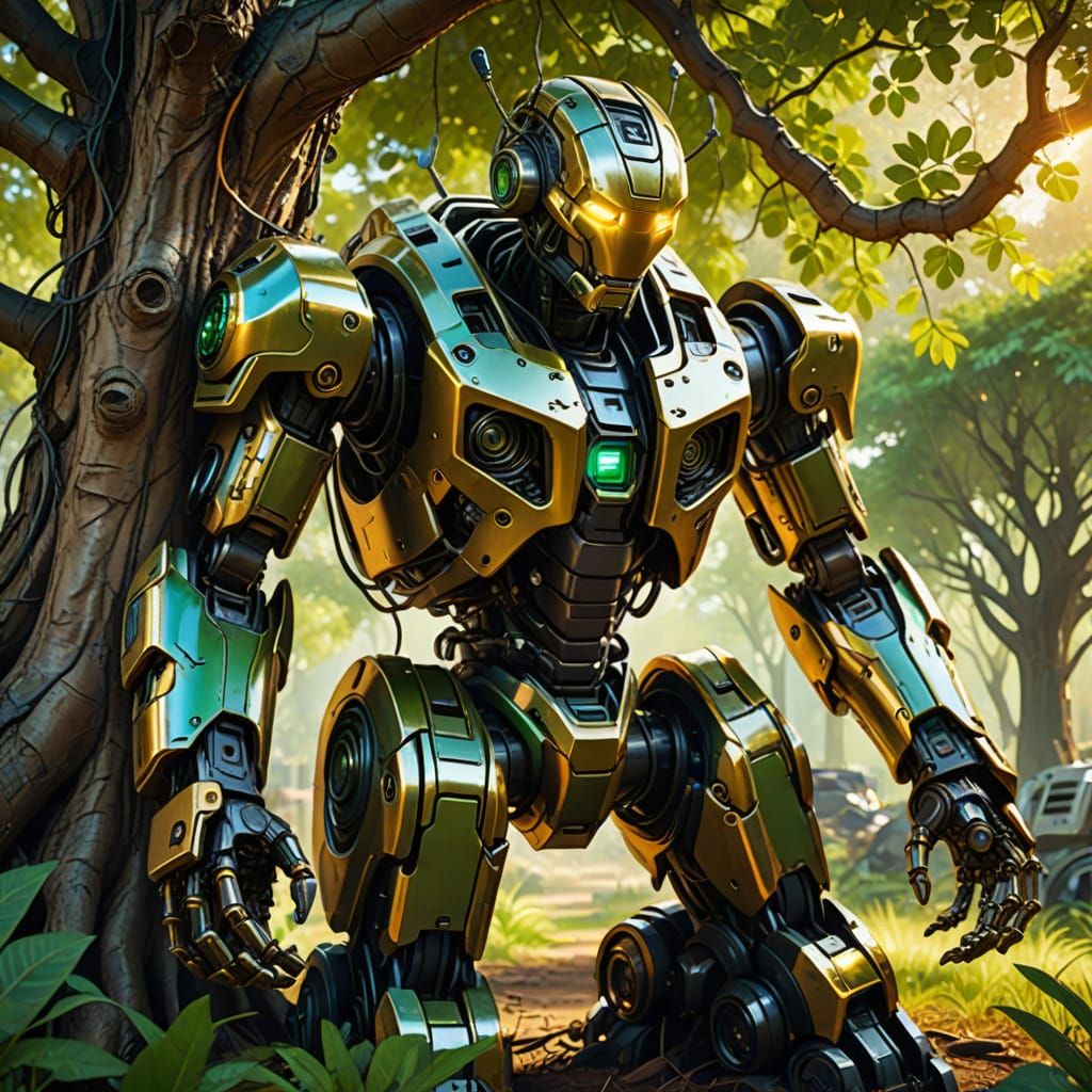 Sci-Fi Robot Embraced by Tree Roots in Golden Light
