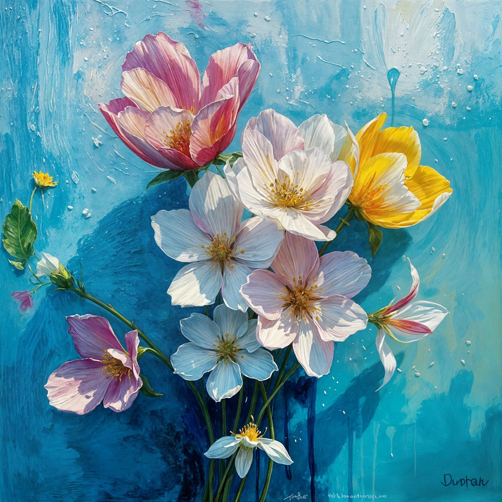 Expressive Spring Bouquet in Vibrant Watercolour Oil Paintin...