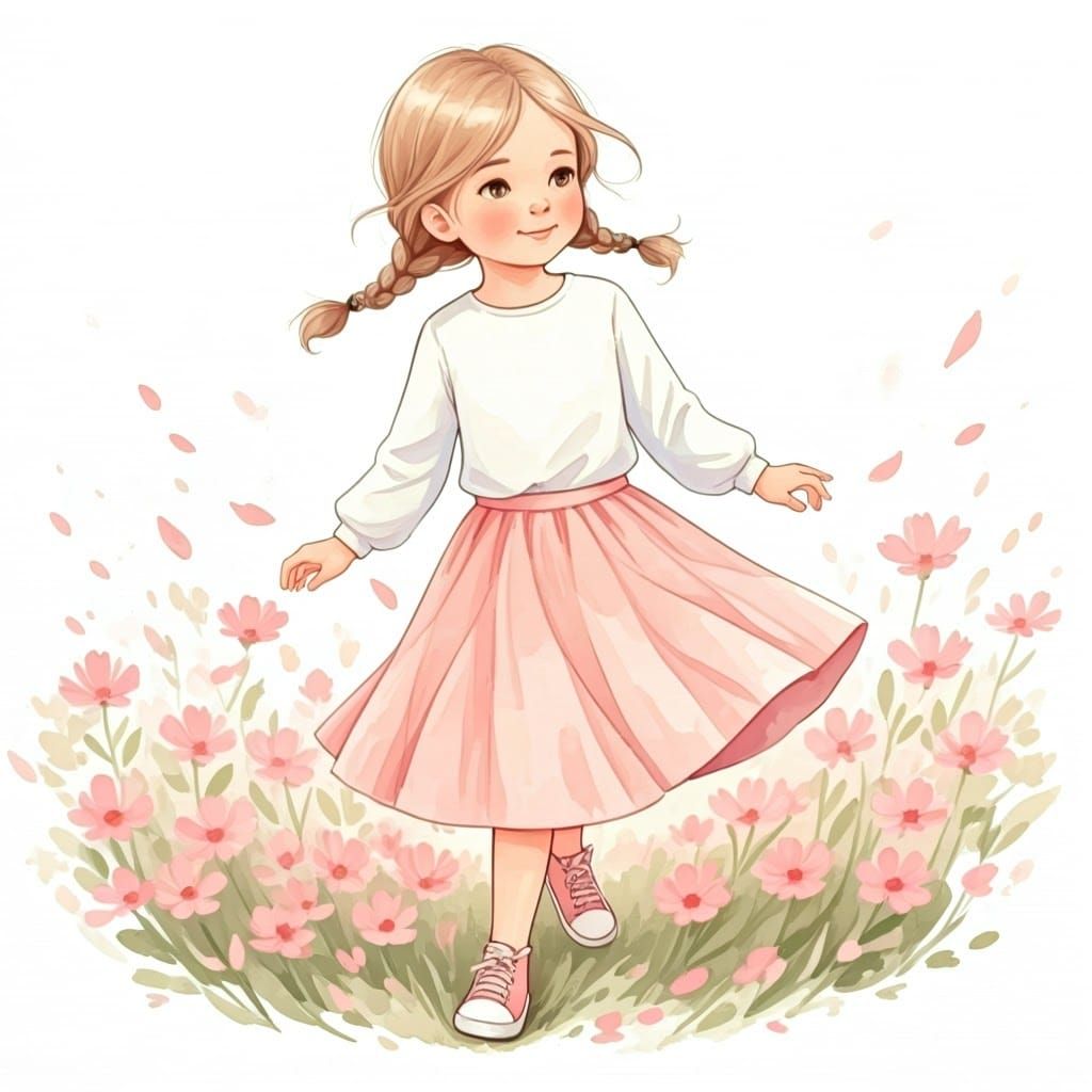 Girl in Flower Field: Dreamy Watercolor Illustration