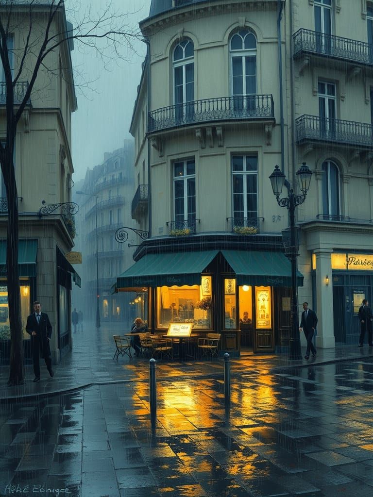 Parisian Café in the Rain, Impressionist Style